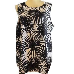 MICHAEL Michael Kors Black & White Palm Print Sleeveless Blouse, Women's Large
